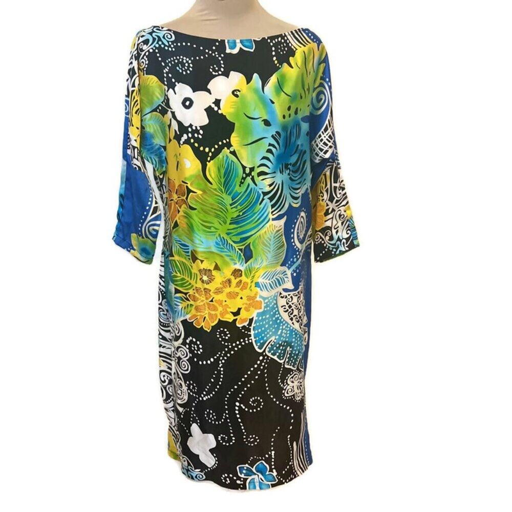 Vintage Cache 100% Silk Sheath Dress Dolman Sleeve Floral Print XS